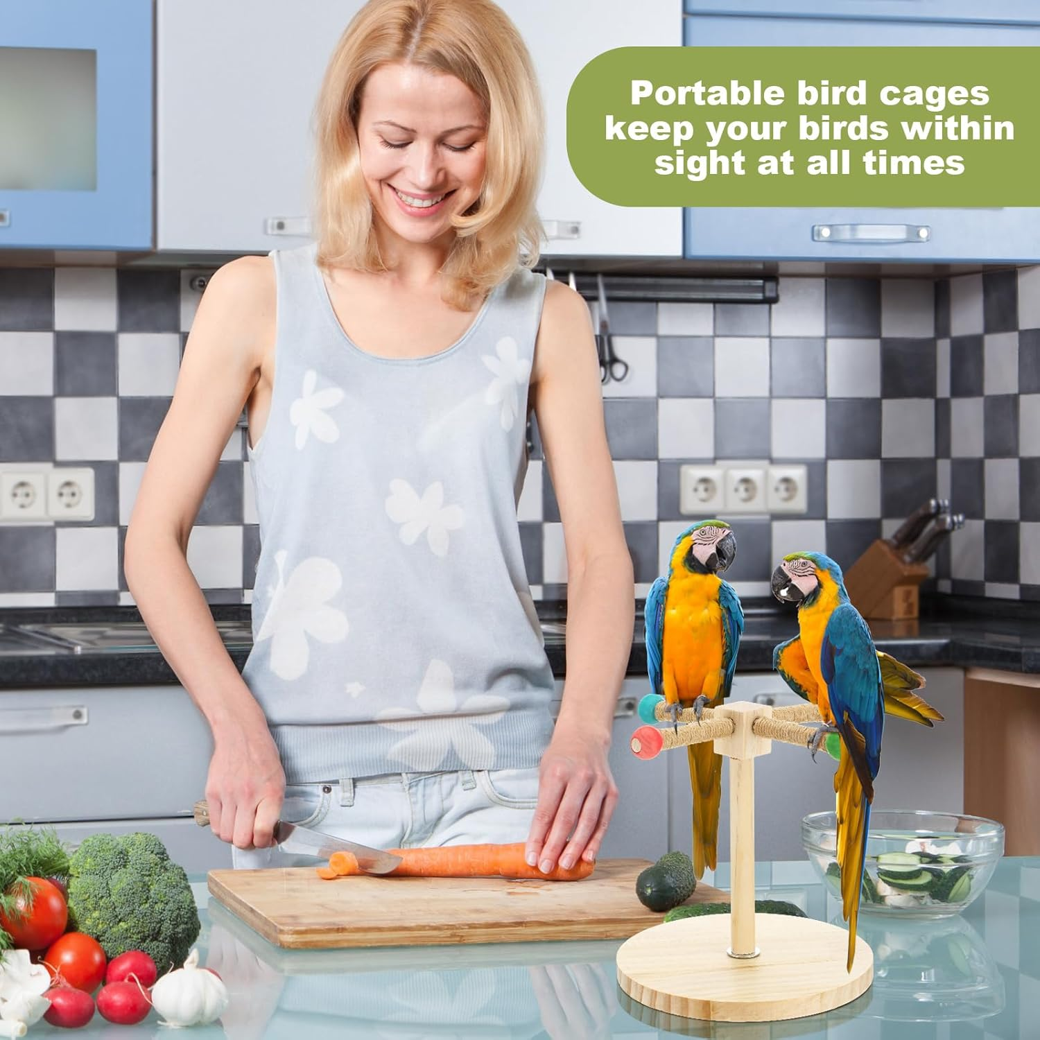 Cunno 3 Pcs Bird Training Stand Kit, Parrot Training Clicker Portable Tabletop Bird Perch and Target Stick, Wooden Spin Perch Clickers with Wrist Strap for Parakeet Conure Lovebird Cockatiel (Spin) image number 6