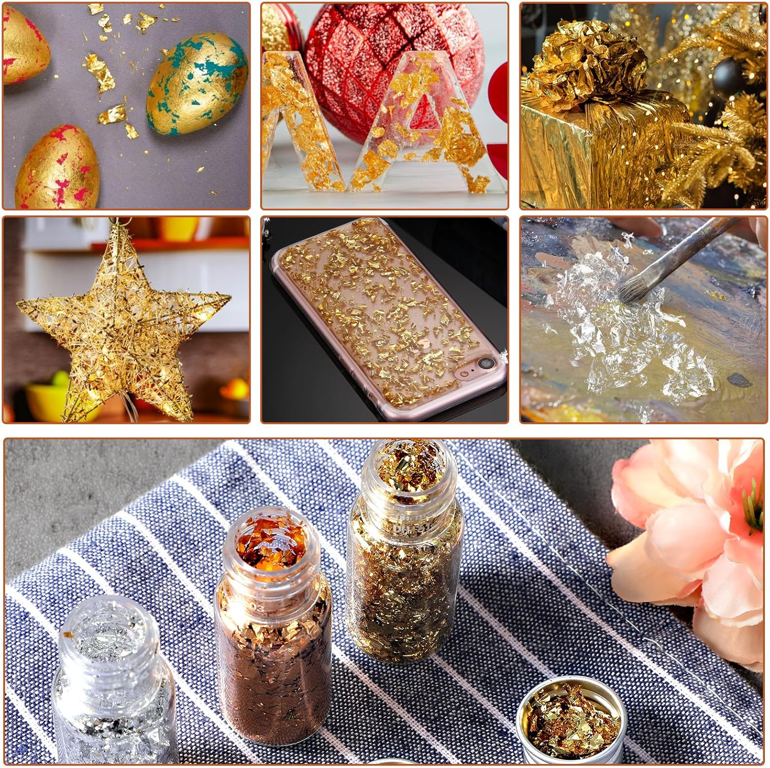 2Pcs Imitation Gold Foil Flakes Cake Glitter Gold Leaf Sheets Nail Art Gold Foil Flakes Gold Leaf Paper Baking Decoration for Cooking Dessert Cupcakes Chocolate (Gold+Silver+Rose Gold) - Rose image number 5