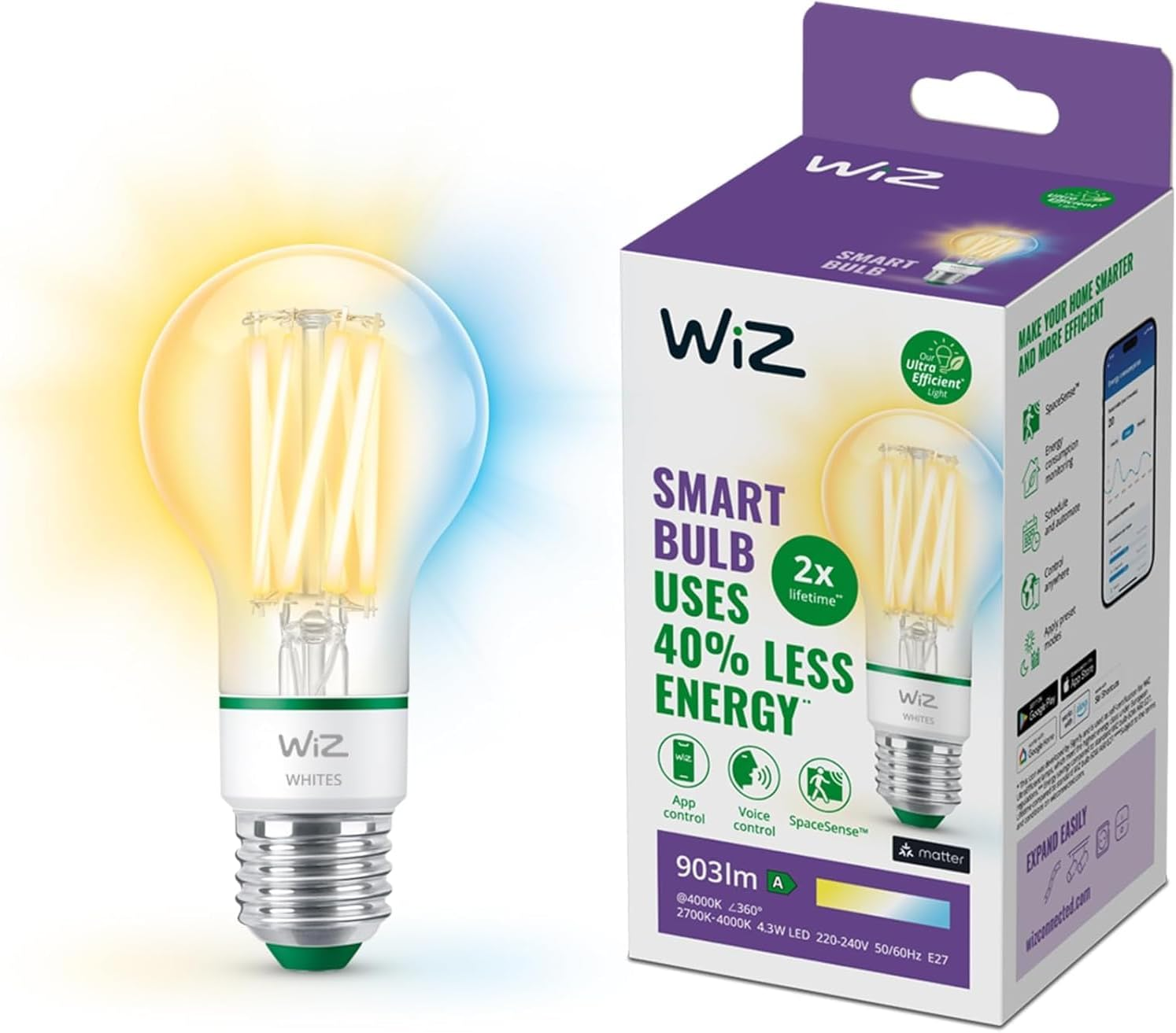Wiz Smart Bulb, E27, 75W, Shades of White, Smart LED Connected Wifi Works with Alexa, Google Assistant & Homekit, App Control for Home Indoor Lighting, Livingroom, Bedroom, Energy Monitoring, 1 Pack image number 1