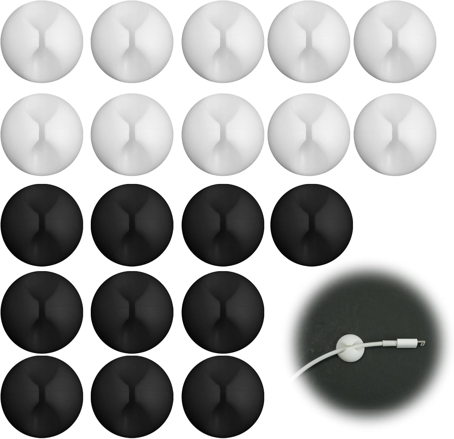 AIAOO Cable Tidy Clips, White Cord Organiser for USB Charging Power Mouse PC Cords - Strong Adhesive Cord Holder for Desktop Office Bedroom Electrical Cable & Wire Management (Black and White, 20) image number 6