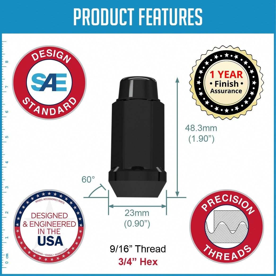 Wheel Accessories Parts Bulge Acorn M14 X 1.50 Thread 1.90" Long for Trucks 19Mm(3/4") Hex 14X1.5 (32 9/16, Black) image number 2