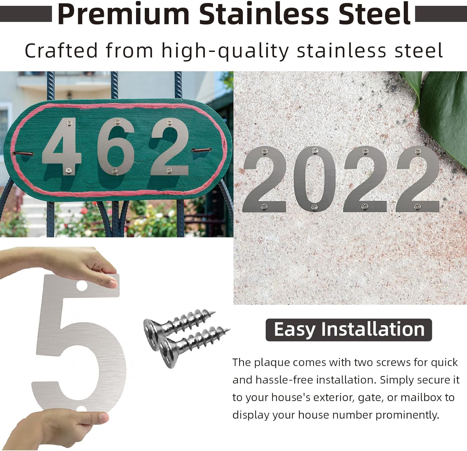 Bay Breeze Stainless Steel House Number Sign, 12Cm, Silver-0, Modern Elegant Style, Wall Mount, Outdoor/Indoor Use image number 3
