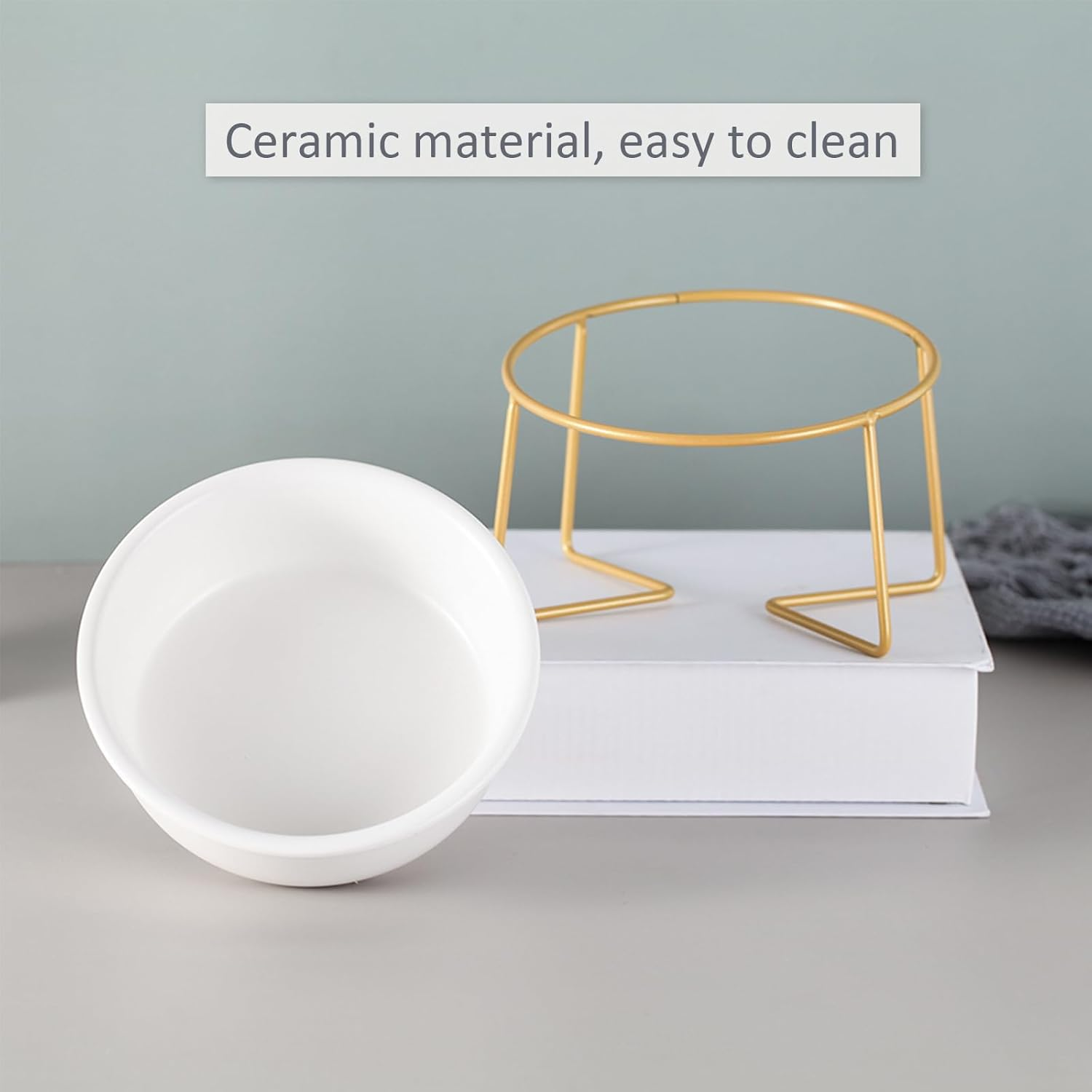 White Small Ceramic Tilted Elevated Cat Dog Bowl Raised Cat Food Water Bowl Dish Pet Comfort Feeding Bowls with Gold Iron Stand image number 6