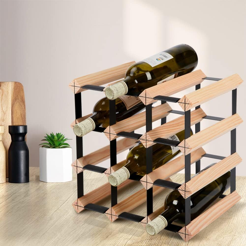 Artiss 4 Tier 12 Bottle Wine Rack, Wooden Timber Wines Bottles Storage Racks Holder Freestanding Display Organiser for Kitchen Cellar Bar, Stackable Modular Pine Wood 32 X 32 X 23.5Cm