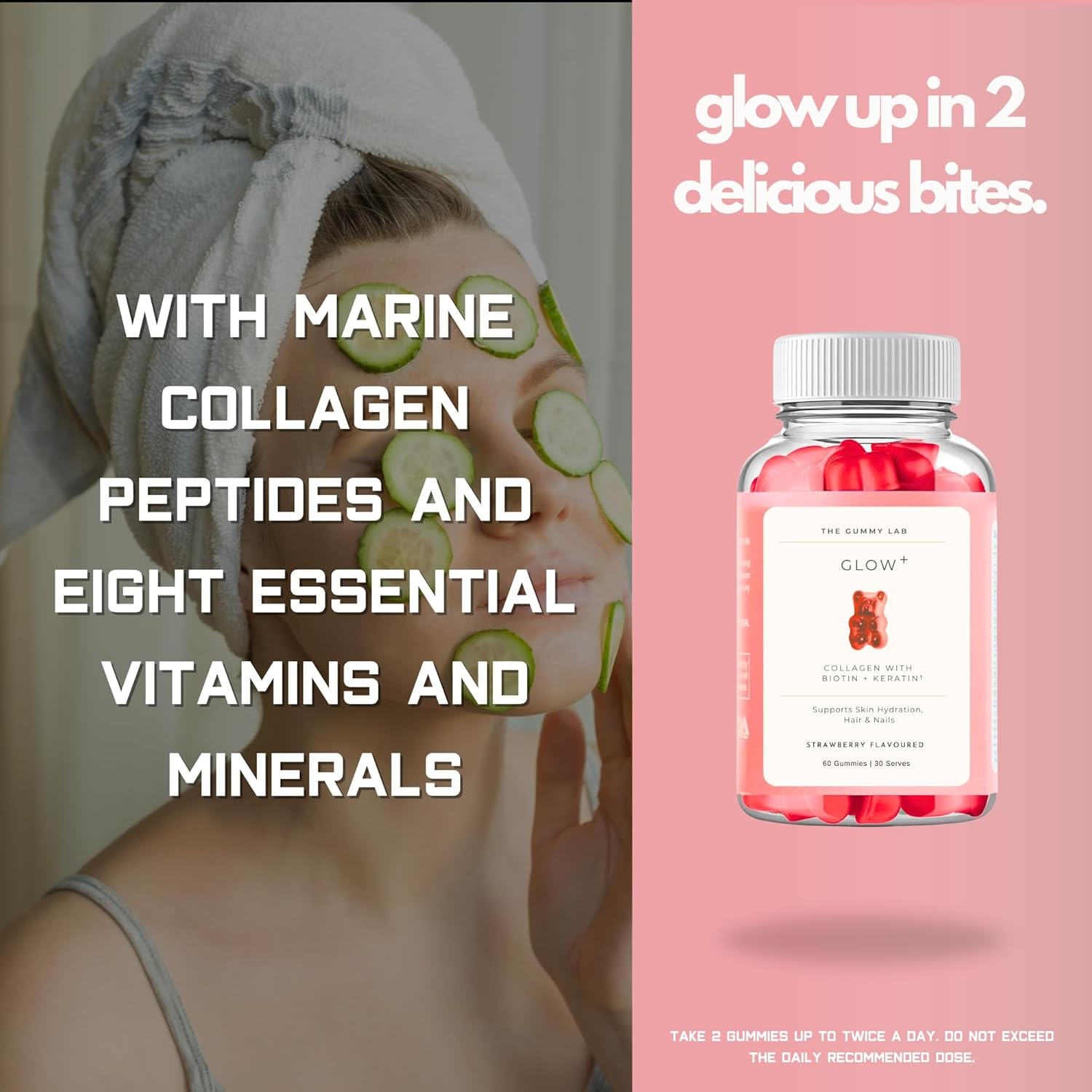 Glow+ Collagen Gummies - 1000Mg Hydrolyzed Marine Collagen with Biotin, Hydrolyzed Keratin, Hyaluronic Acid & Vitamins for Skin, Hair, Nails & Joints - 60 Strawberry - Flavored Gummies image number 4