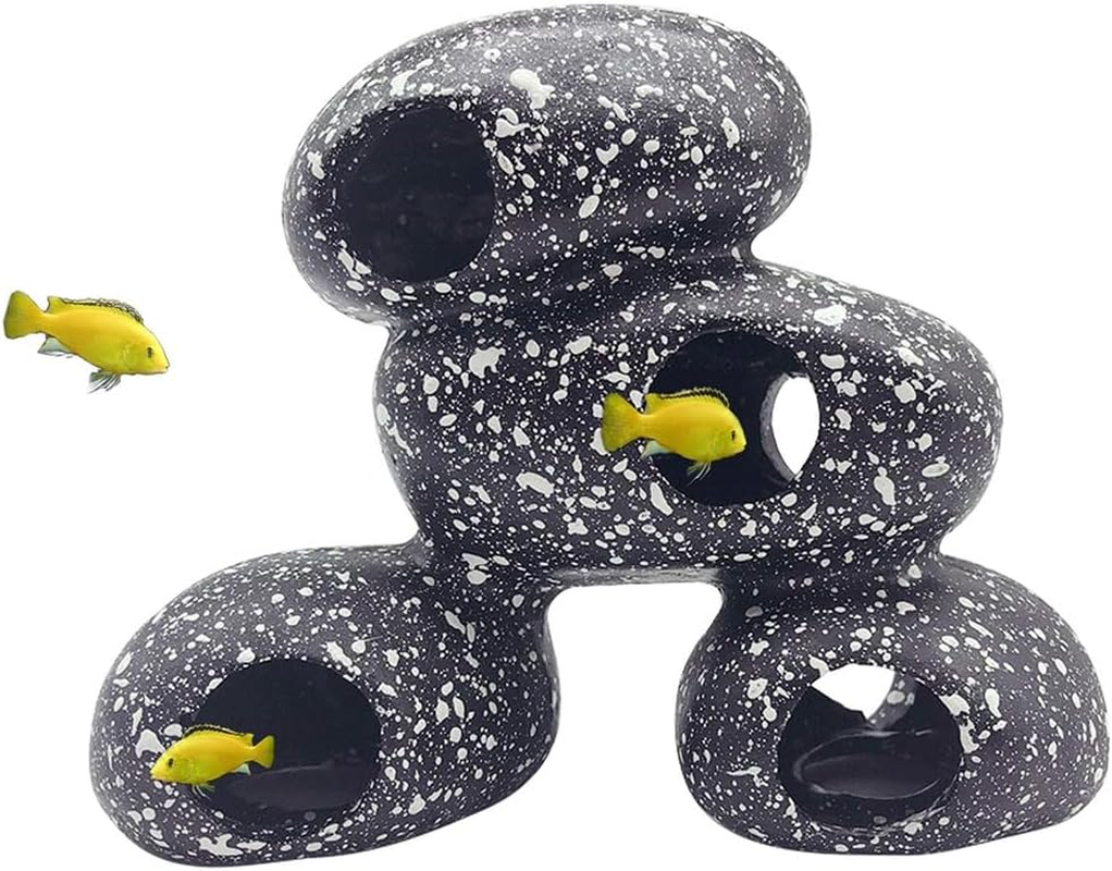 Aquarium Stone Hideout Decoration, Fish Tank Landscaping Decoration, Betta Fish Cave Hideout for Aquatic Pets Breeding, Playing, Resting, Shrimp, Dwarf Snapper (Black)