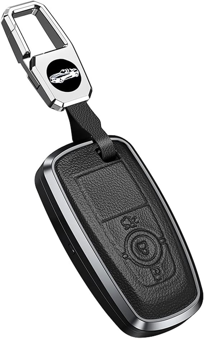 Ontto Alu Alloy Car Key Fob Cover Keyring Fit for Ford Fusion Mustang Explorer F150 F250 F350 Ranger Mondeo Leather Remote Key Case Key Holder Keychain Accessories 3 Buttons Black image number 5