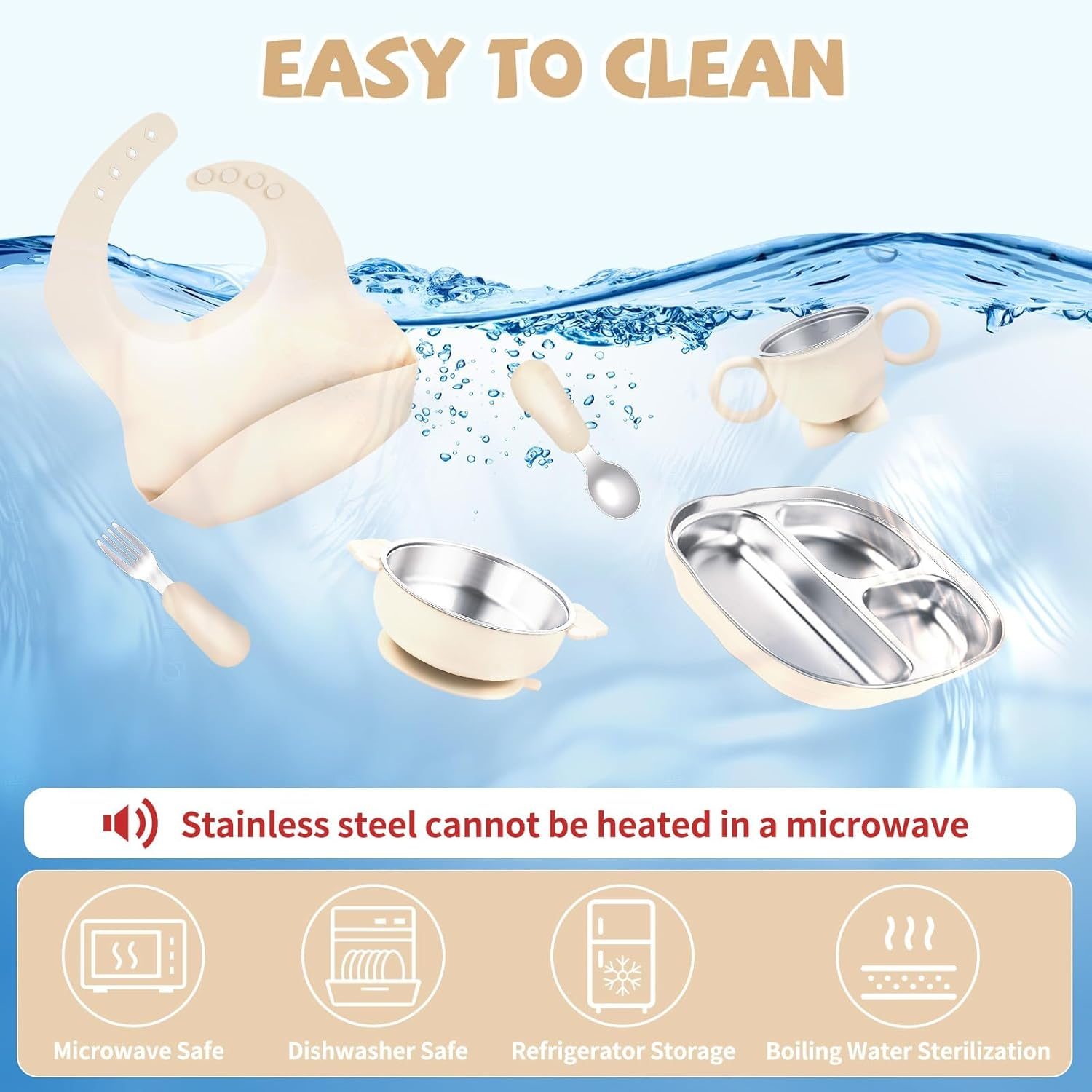 Baby Toddler Tableware Set, 6 PCS Stainless Steel Silicone Utensils, Durable & Spill-Proof, Baby Feeding Set Plates & Bowls, Cup, Forks Spoons & Silicone Bib, Bpa-Free, Dishwasher Safe image number 1