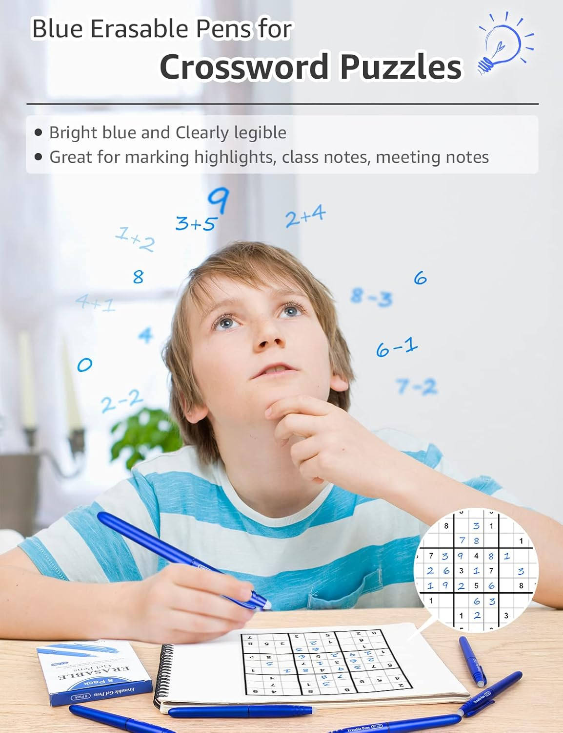 JR.WHITE Erasable Gel Pens - 8 Rubber Tip Pens, Fine 0.5Mm Erasable Pen for School, Office & Stationery Supplies (8 Blue) image number 3