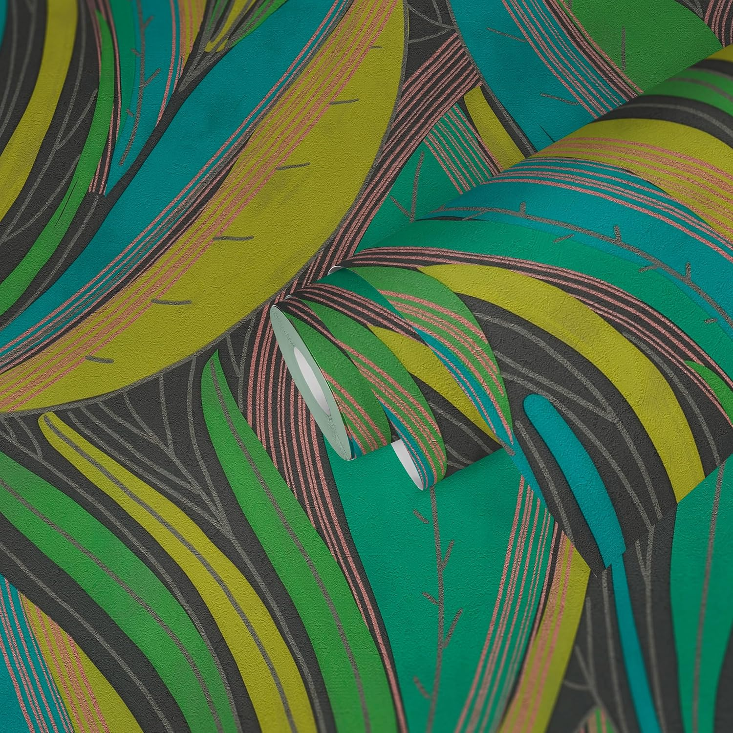 A.S. Cr&eacute;ation Livingwalls Hot Spots Motif Wallpaper 10.05 M X 0.53 M with Leaf Pattern - Green, Yellow, Turquoise, Metallic - Non-Woven Wallpaper, Wall Decoration in Tropical Style, Made in Germany - Cream, Beige, Blue, Green image number 4