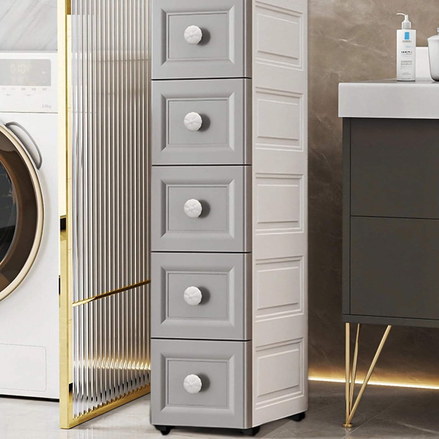 Uandhome 6 Tier Slim Narrow Bathroom Cabinet,Plastic Bathroom Storage Cabinet,Standing Storage Cabinet with Slide Out Drawers,Waterproof Storage Cabinet for Bathroom,Living Room,Kitchen (Grey) - Grey image number 3