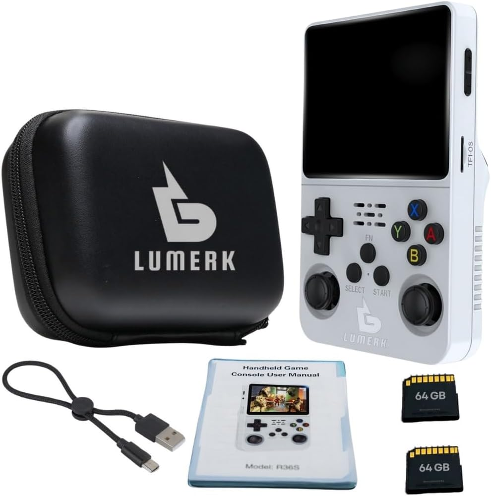 Lumerk R36S Handheld Retro Game Console Air Version(V2.0), 3.5 Inch IPS Screen with Emulator System, 15,000+ Built-In Classic Games, Portable Gaming Console with Dual 3D Joysticks (Transparent Purple)