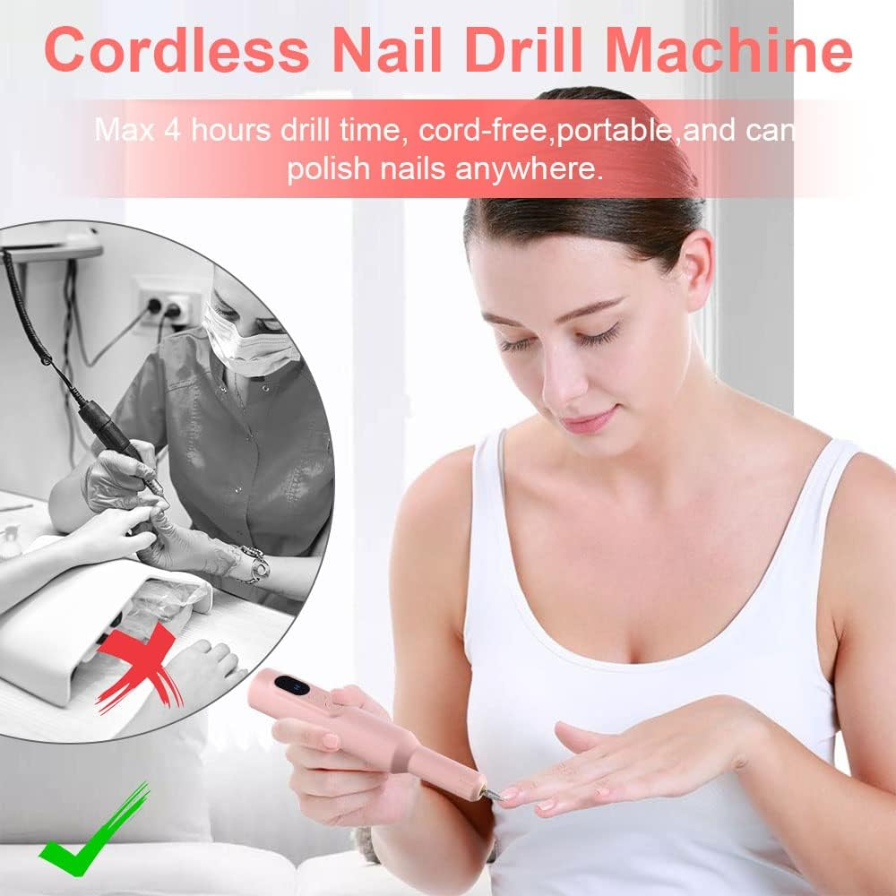 URAQT Electric Nail Drill, Professional Nail Drill Kit with 12 Bits, Adjustable Speed, Wireless Charging, Pink - Pink image number 5