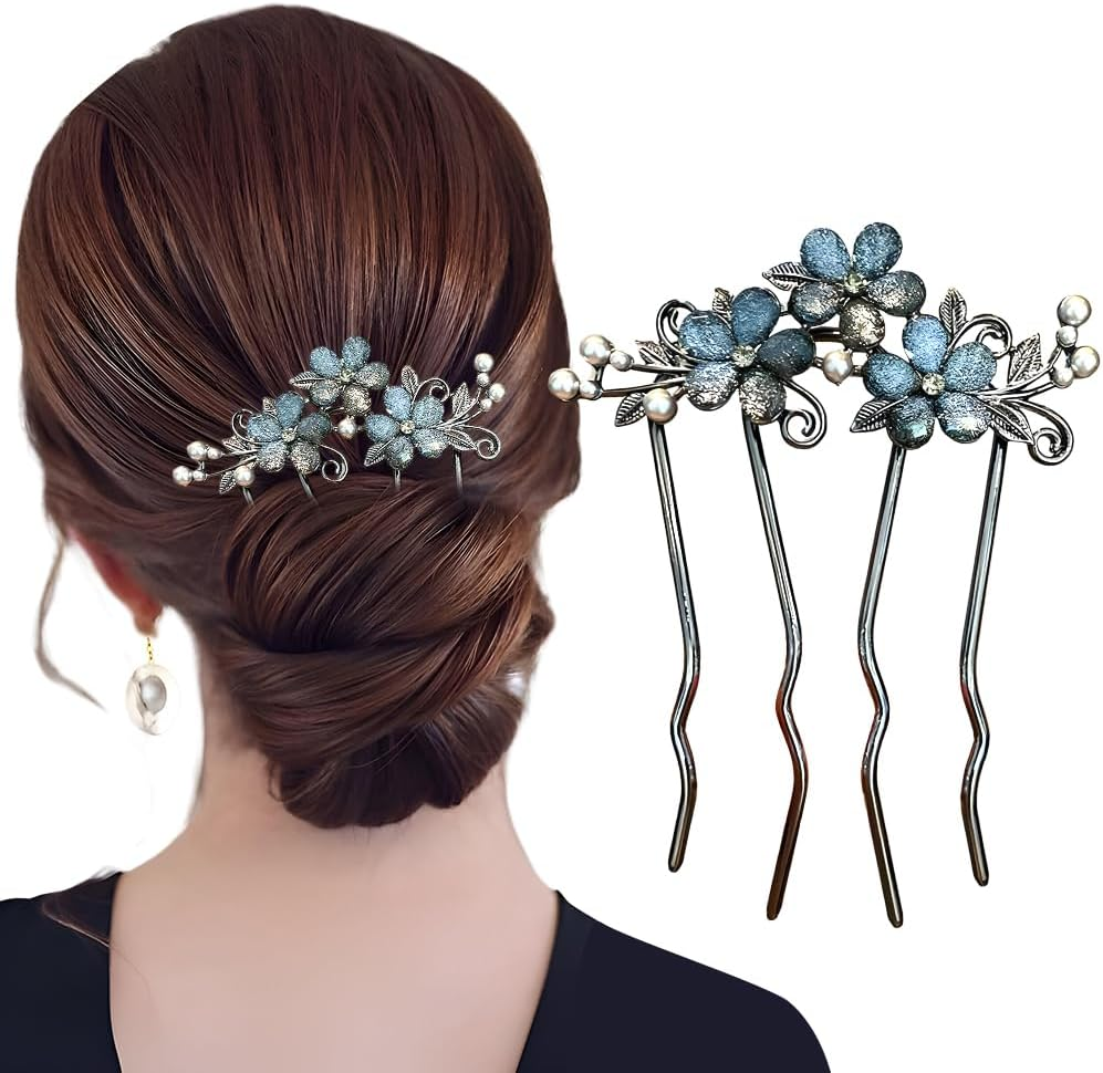 1Pcs Flower Rhinestone Hair Comb Clips Floral Hair Pins for Buns Flower French Metal Hair Pin Hair Fork Decorative Hair Combs French Side Comb Hair Side Combs for Women French Twist Hair Comb Clip image number 3