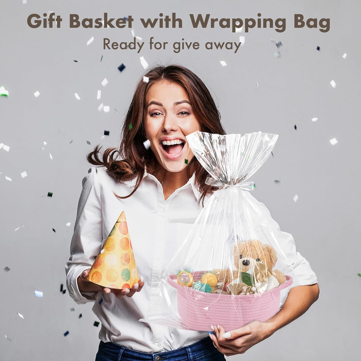 Basket with Gift Bag and Ribbon, Decorative Gift Basket with Handle for Baby Shower Nursery Gifts, Empty Storage Gift Box (Pink) image number 5