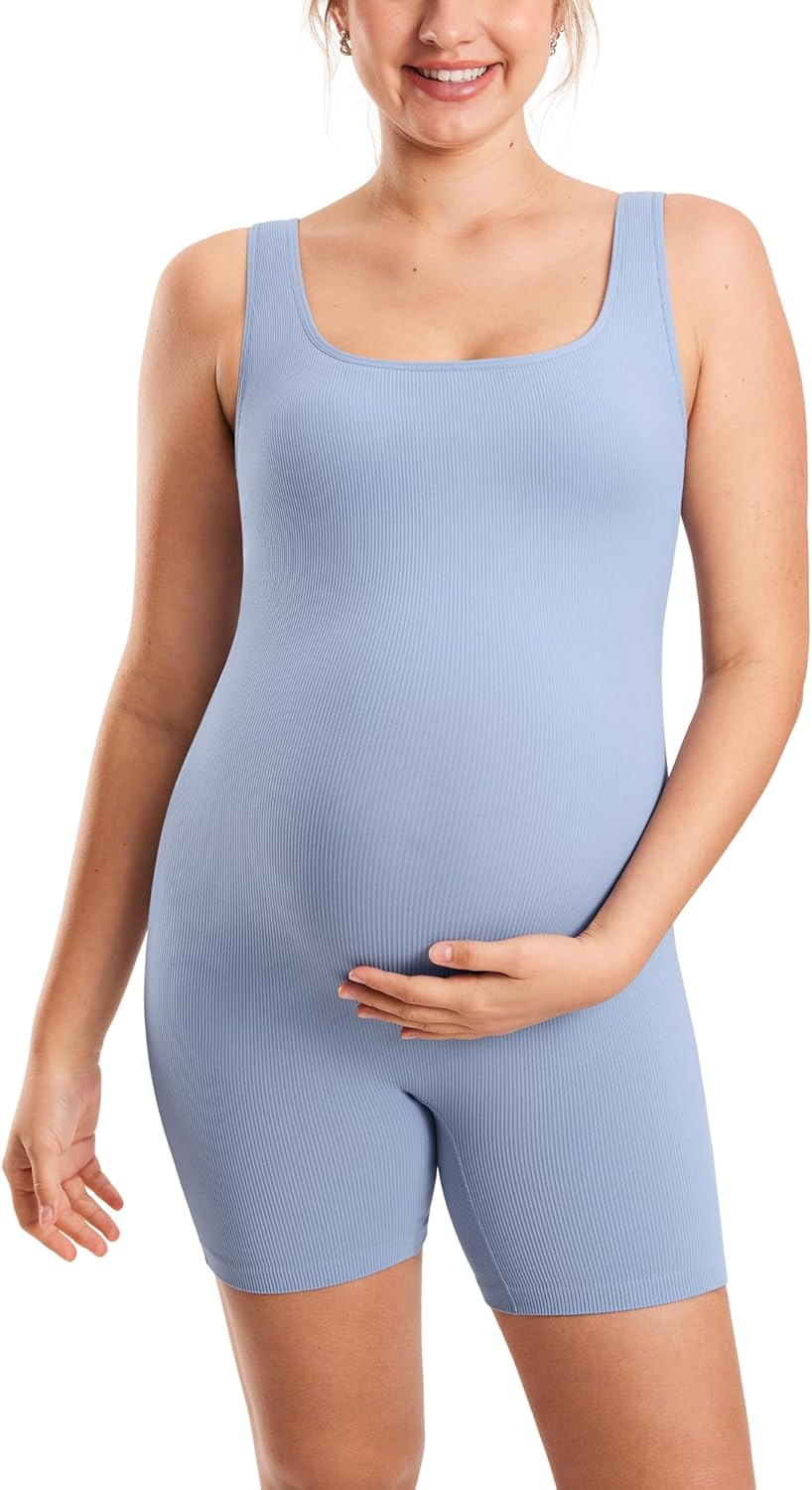 MOMANDA Women'S Maternity Bodysuit Ribbed Sleeveless Shorts Jumpsuit Square Neck Tank Top Romper for Pregnancy