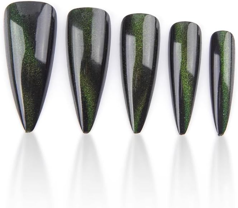 Mouyouglow Press on Nails Long Stiletto Cat Eye Dark Green Magnetic Fake Nails with Nail Glue, Green Phototherapy Artificial Fingernails image number 4