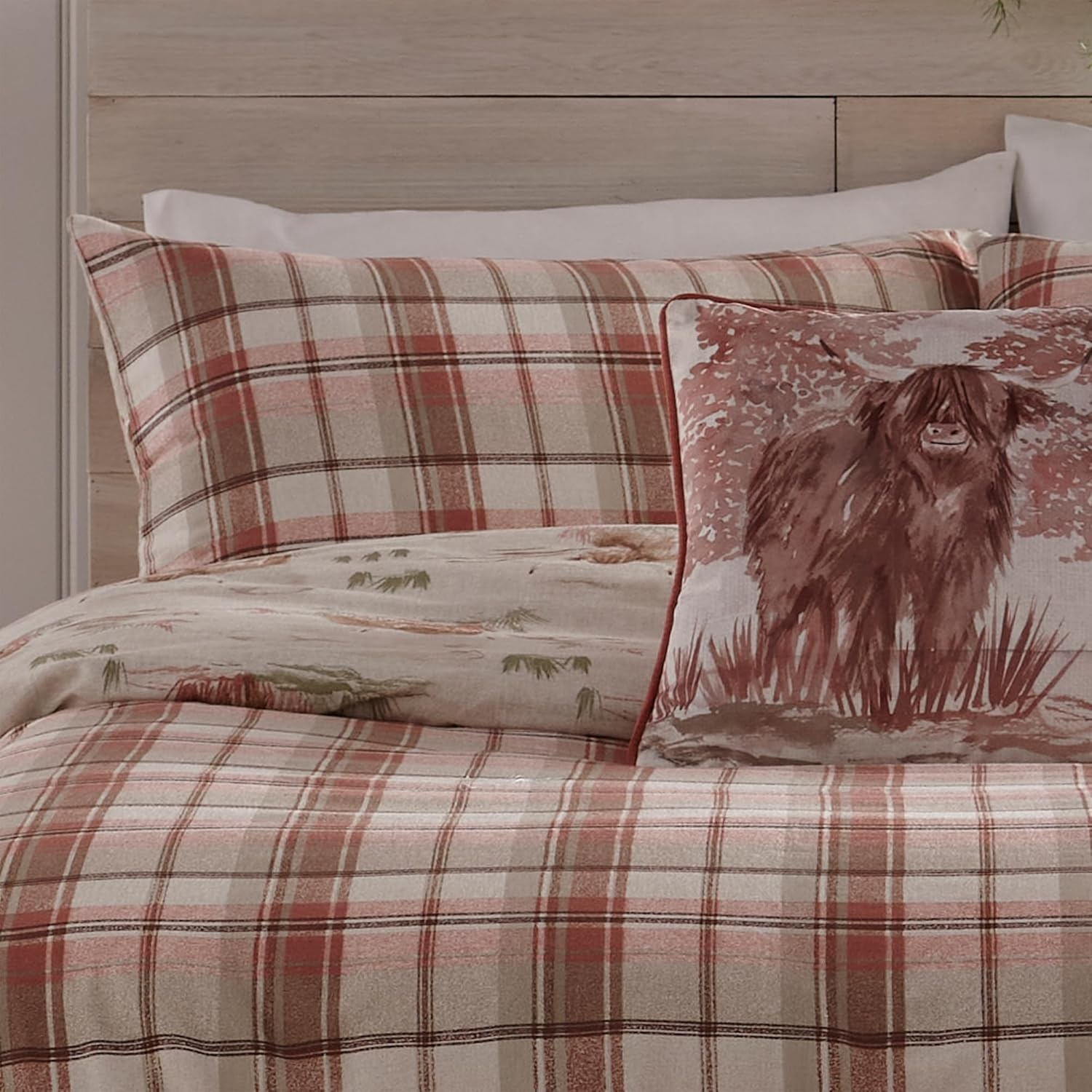 Dreams & Drapes - Highland Cow Duvet Cover - King Bedding Size (230 X 220Cm) - Soft 100% Brushed Cotton - Red Checkered Bedding with Cows - Highland Cow Bedding in Red Terracotta - Woodland Bedding image number 3