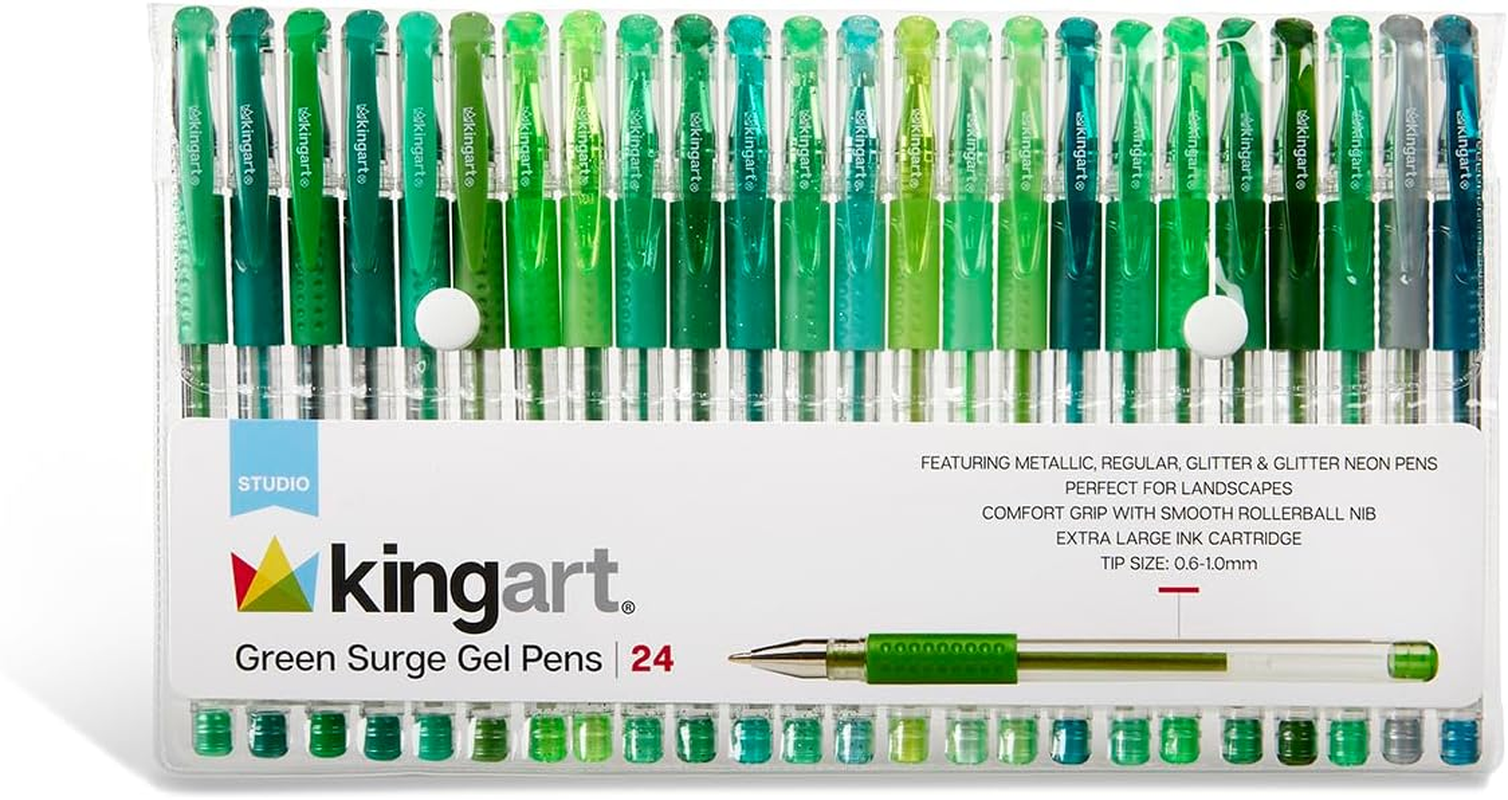 KINGART 400-24G Green Tones Rollerball Gel Pens, Set of 24 Colors, XL Ink Cartridge - More Ink, All Ages, Writing, Coloring, Doodling, Scrapbooking, Journaling & More image number 2