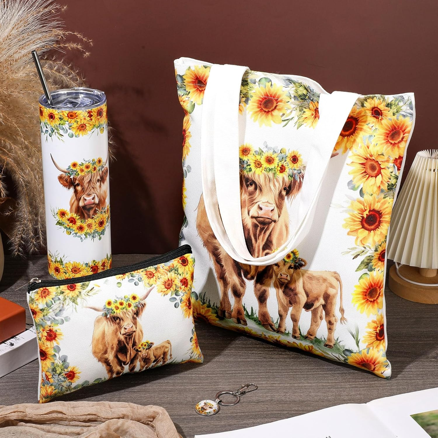 Abbylike 4 Pcs Highland Cow Animal Lover Gifts: Stainless Steel Tumbler with Straw Lid, Metal Keychain, Canvas Tote Bag, Cosmetic Bag for Christmas, Birthday image number 2