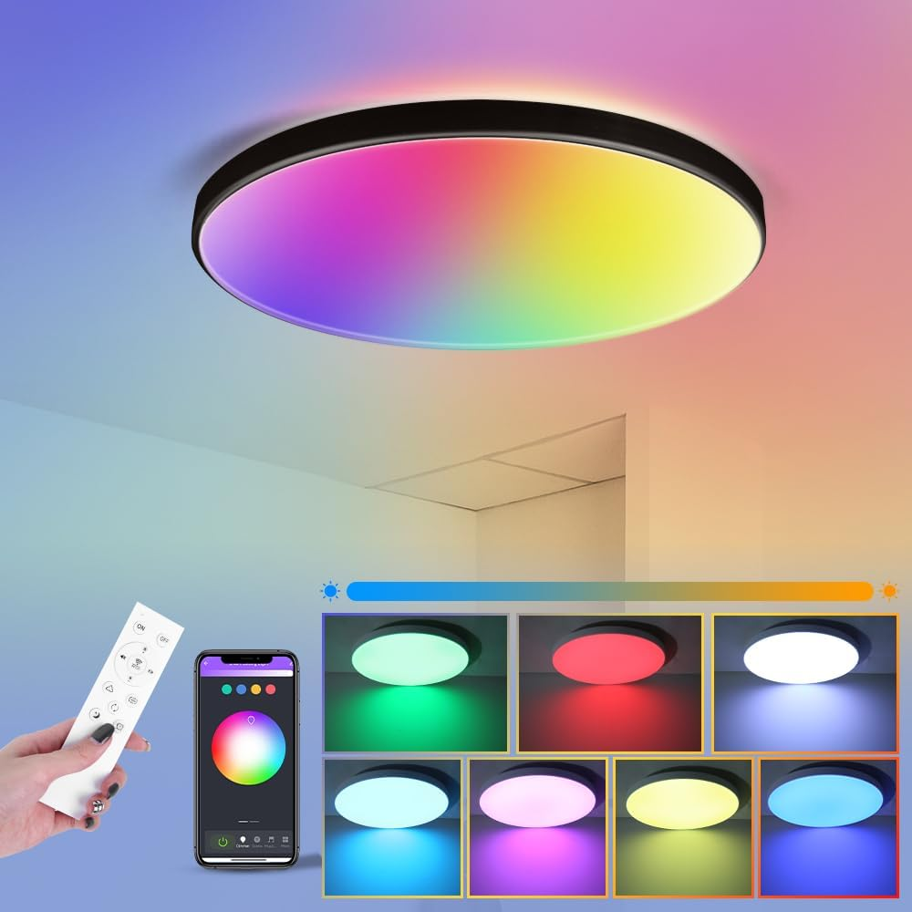 SILAMPDI Led Ceiling Light Wifi Tuya Control, 24W Smart Ceiling Light Black, RGB Mode with Remote Control 16 Million Colors Timer & Memory 3000K-6500K Connect Alex Google Siri for Bedroom Living Room