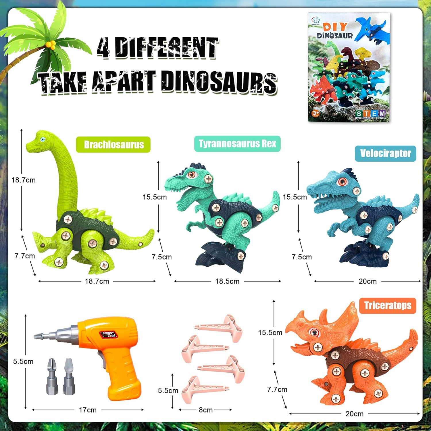 4 PCS Kids Take Apart Dinosaurs Toys, Building＆Construction STEM Educational Toy Set with 1 Electric Drill＆4 Hand Drills,Diy Engineering Play Kit Christmas Birthday Gifts for 3 4 5 6 7 8 Old Boy Girl image number 1