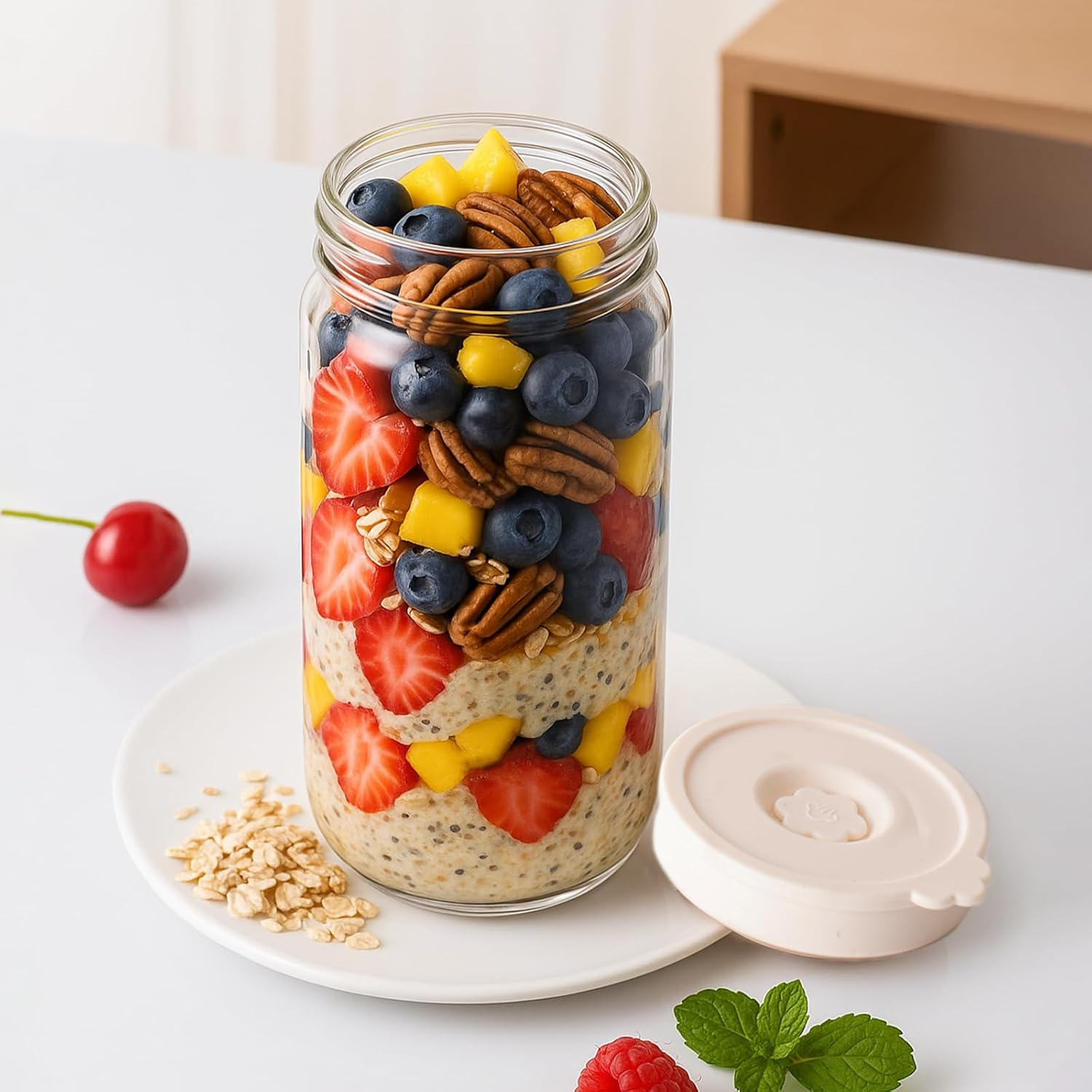 Overnight Oats Containers with Silicone Airtight Lids - 2-Pack 10Oz Wide Mouth Mason Salad Jars, Airtight Glass Containers/Meal Prep Jars for Juice, Chia, Pudding, Yogurt, Cereal, Sugar,Snack. - 2, Pink And Beige image number 6