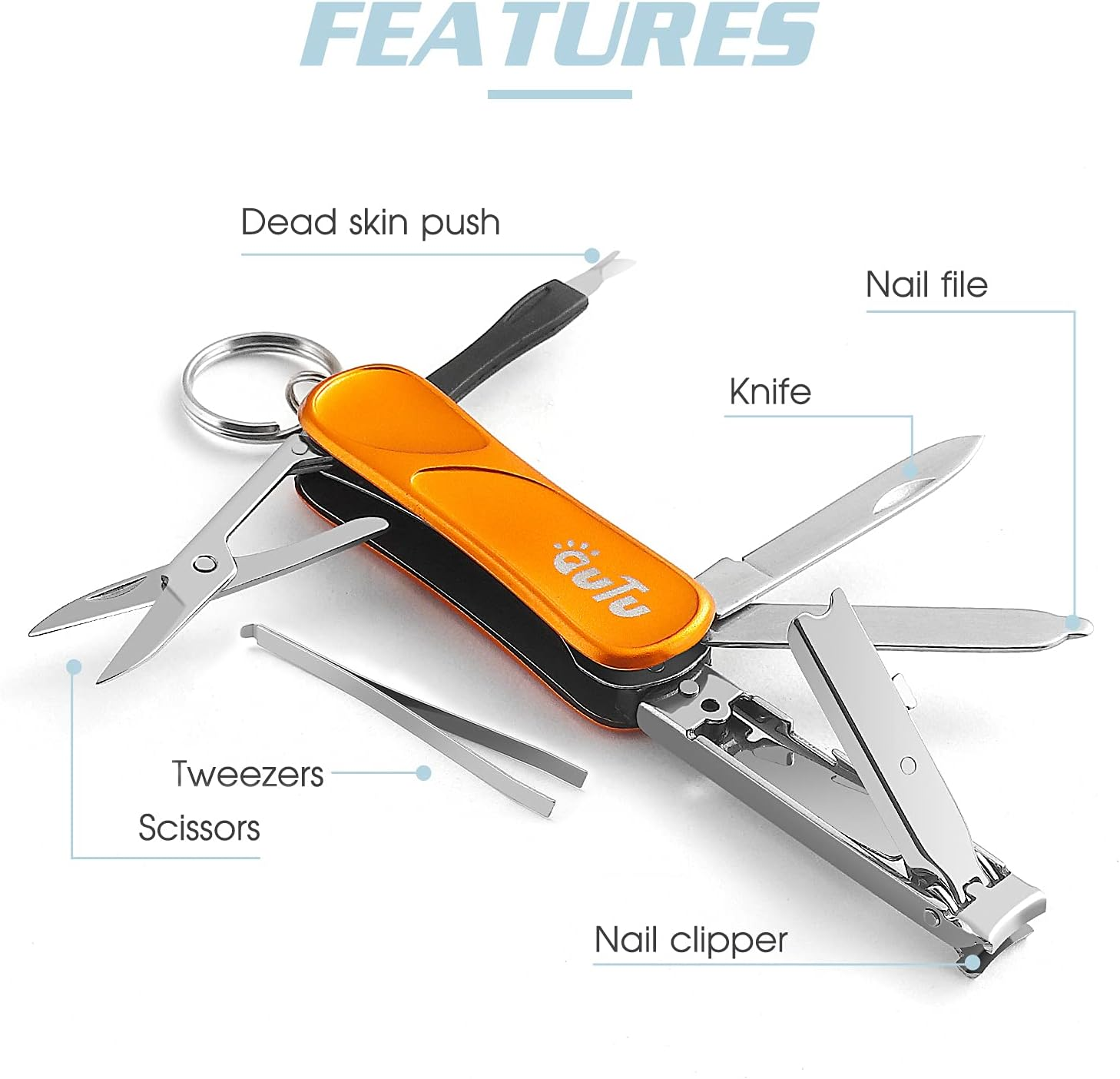 OUTU Keychain Nail Clipper Multitool, 7 in 1 EDC Utility Tool with Nail Clipper, Scissors, Gifts for Him Men Husband Dad Boyfriend (Orange) image number 1
