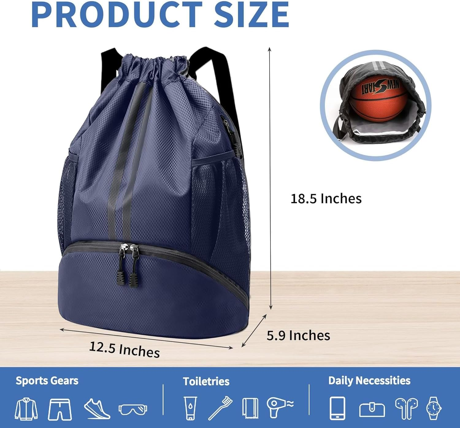 Sports Drawstring Backpack,Water Resistant Lightweight String Gym Bag with Shoes Compartment and Wet Proof Pocket for Women Men. - Black image number 3