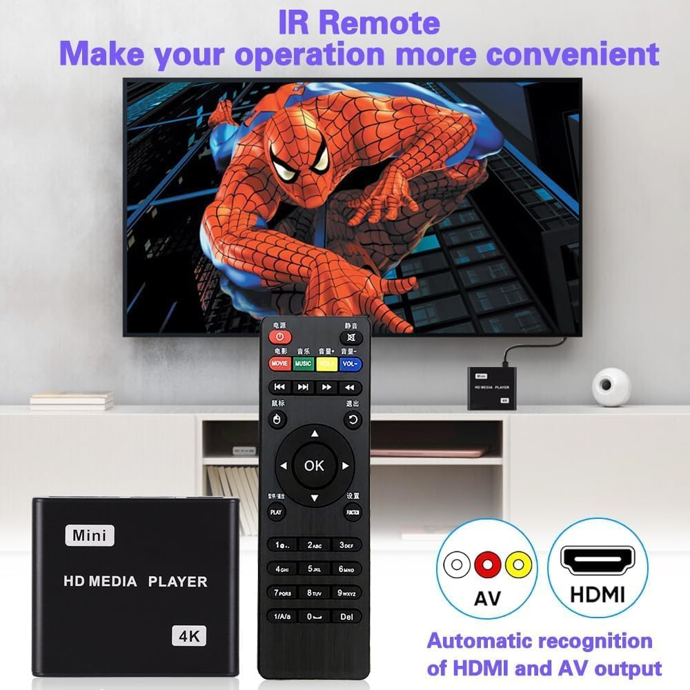 HDMI Media Player, 4K Full HD Digital Media Player with Remote Control, Supports USB Drive, SD Card, 4K@30Hz Output, H.265 Decoding for Advertising Playback Multimedia TV Auto Playback. image number 3