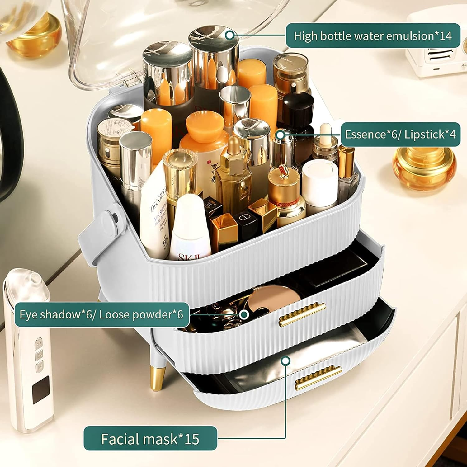 Uandhome Makeup Storage Organizer, Waterproof Cosmetics Display Case Dustproof Makeup Storage, Box Portable Handle Skincare Holder for Bedroom Vanity Desk Bathroom Desktop image number 4