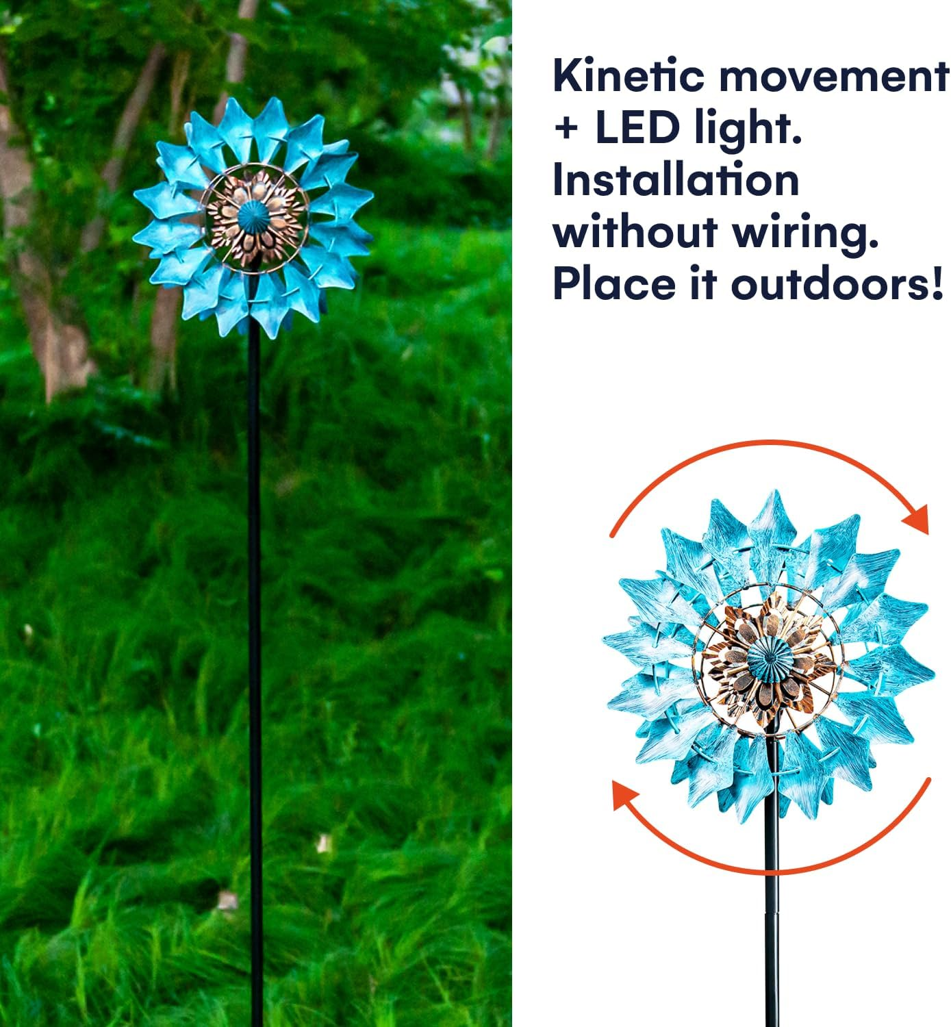 Solar Wind Spinner New Azure 75In Multi-Color Seasonal LED Lighting Solar Powered Glass Ball with Kinetic Wind Spinner Dual Direction for Patio Lawn & Garden