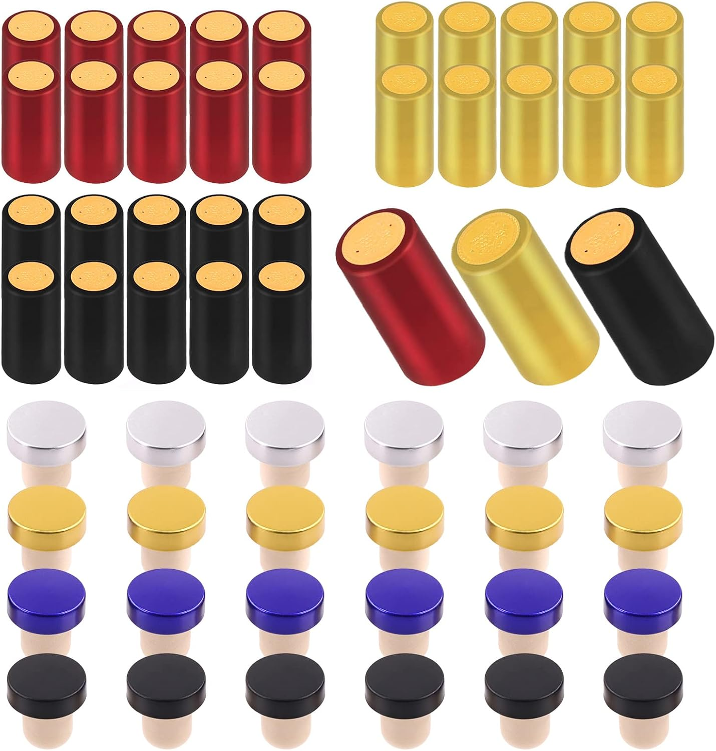 Swpeet 54Pcs 3 Colors Gold Black Red PVC Heat Shrink Capsules and Wine Bottle Cork Tops Stopper with Plastic Top Assortment Kit, Sealing Plug Bottle Cap with Shrink Wrap for Wine Bottles image number 2