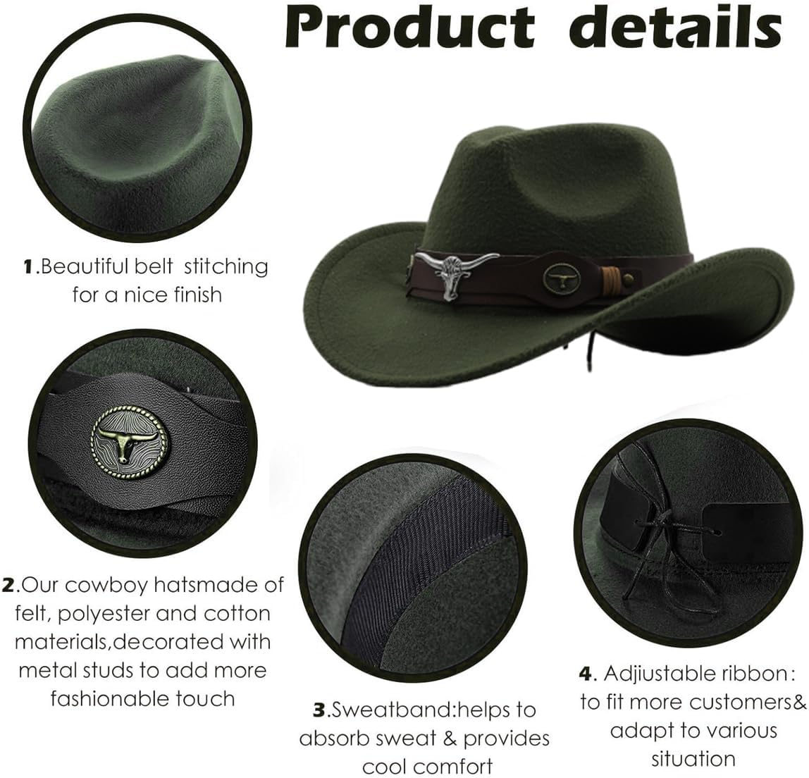 AIMALL Top Hat Ethnic Style Cow Label Western Denim Top Hat, 4.72-Inch Retro Woolen Felt Riding Hat with Adjustable Ribbon, Metal Stud Decor, Sweatband, Fits Head Circumference 22.02-22.81 Inches - Army Green image number 5