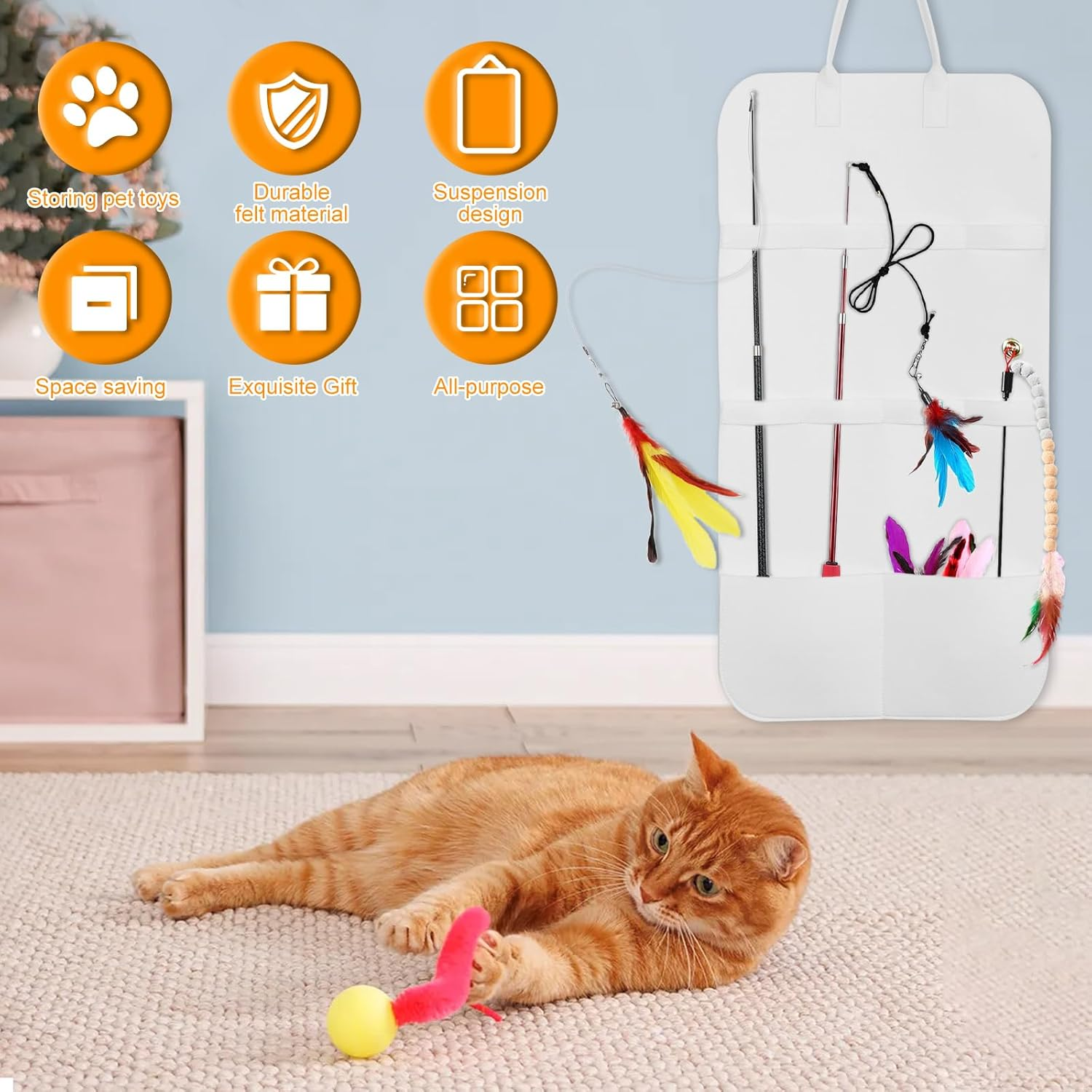 Cat Teaser Wand Holder, Felt Cat Wand Toy Storage Bag, Space Saving Cat Wand Toy Hanging Organizer, Multifunctional Cat Toy Hanging Organizer for Indoor Cats image number 3