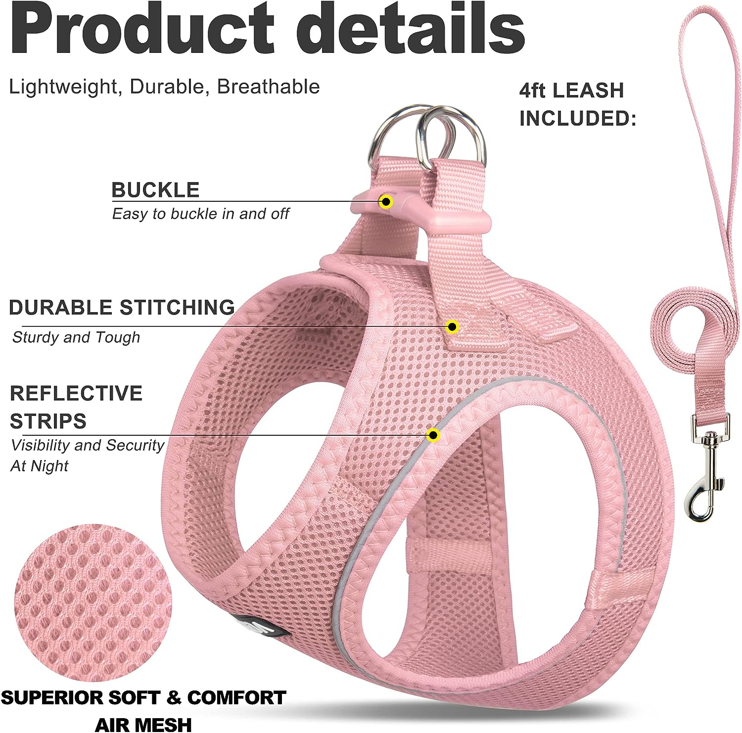 Fida Cat Harness and Leash Set for Walking Kitten and Puppy, Escape Proof Kitten Harness with Breathable Lightweight Soft Mesh, Adjustable Reflective Step-In Design. (XXXS, Pink) image number 6