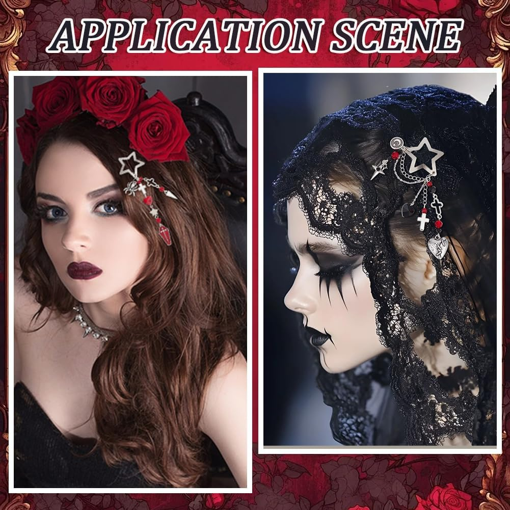 SUNNYCLUE 1 Box DIY 6 Sets Tassels Hair Clips Making Kit Halloween Gothic Hairclips Cross Coffin Charms Black Red Heart Beads Star Hairpins Accessories for Women Braid Long Short Thin Thick Hair image number 1