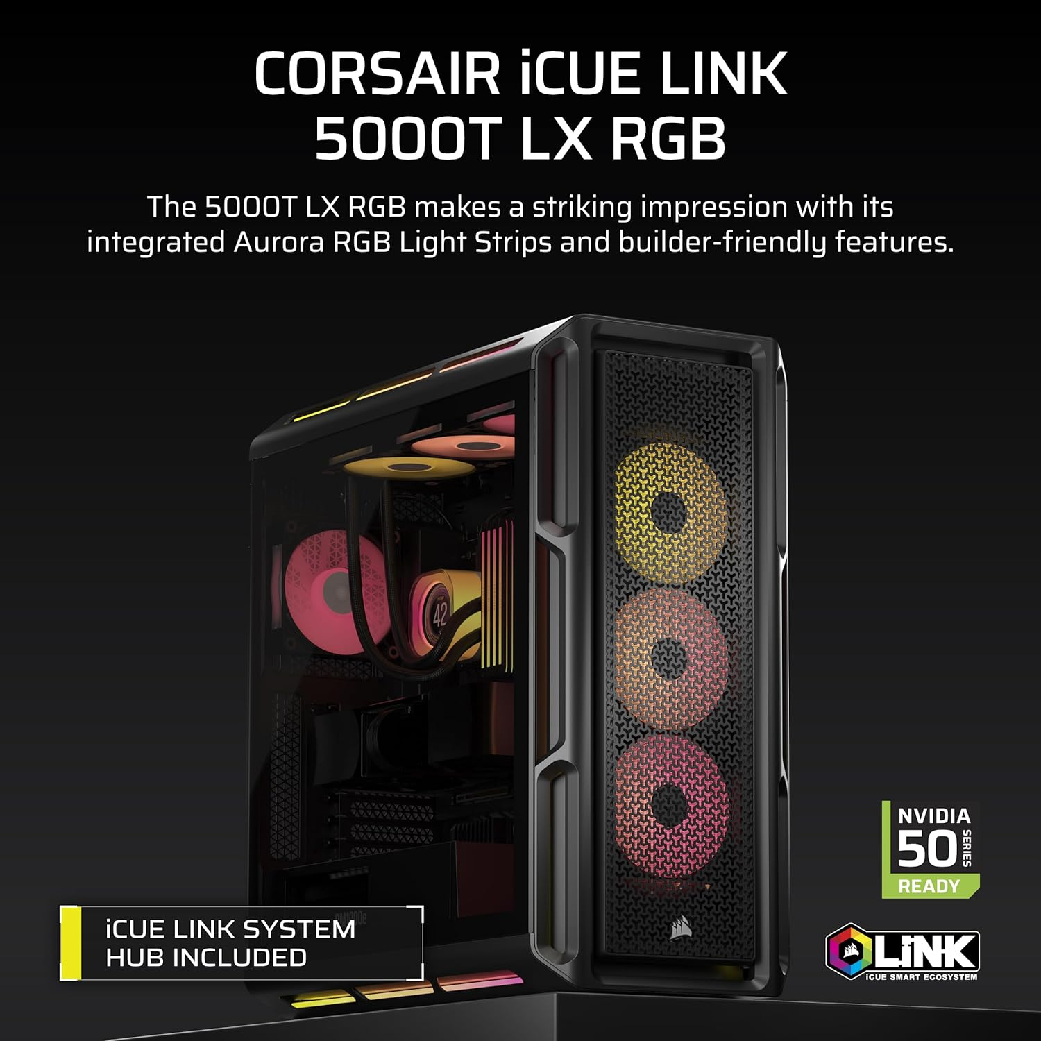 CORSAIR Icue Link 5000T LX RGB Mid-Tower ATX PC Case &ndash; 3X Pre-Installed LX120 RGB Fans, Integrated Aurora RGB Light Strips, Spacious Interior, Icue Link System Hub Included &ndash; Black - Black image number 4