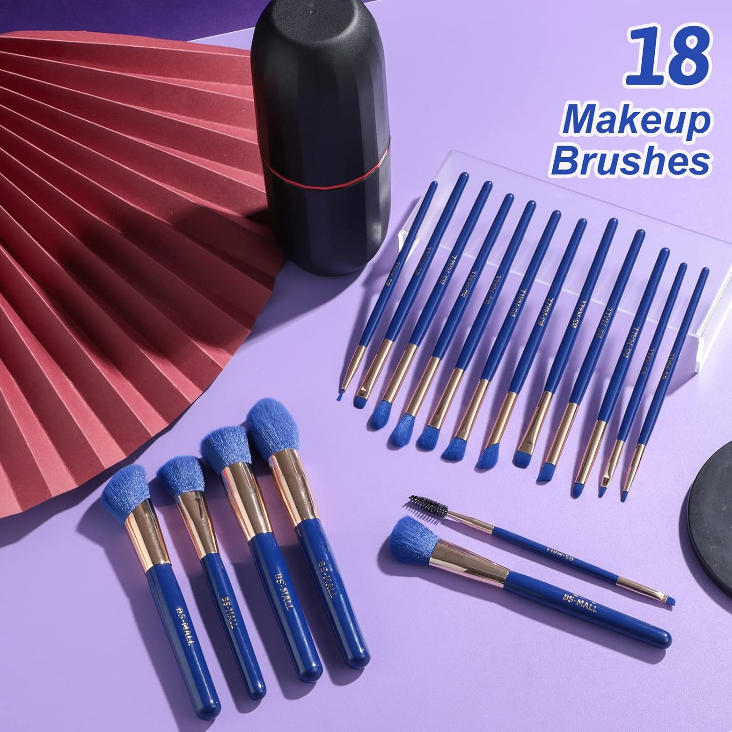 BS-MALL Makeup Brushes Premium Synthetic Foundation Powder Concealers Eye Shadows Makeup 18 Pcs Brush Set，Dark Blue with Case image number 3
