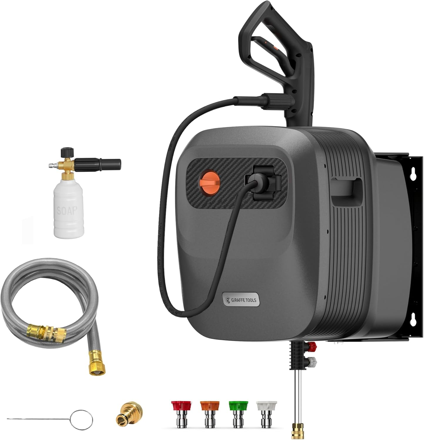 Giraffe Tools Grandfalls Pressure Washer G20B, Electric Wall Mounted Power Washer, 20 M Retractable Black Pressure Hose with 180&deg; Rotating Bracket, Max 2400 PSI, Dark Silver image number 5