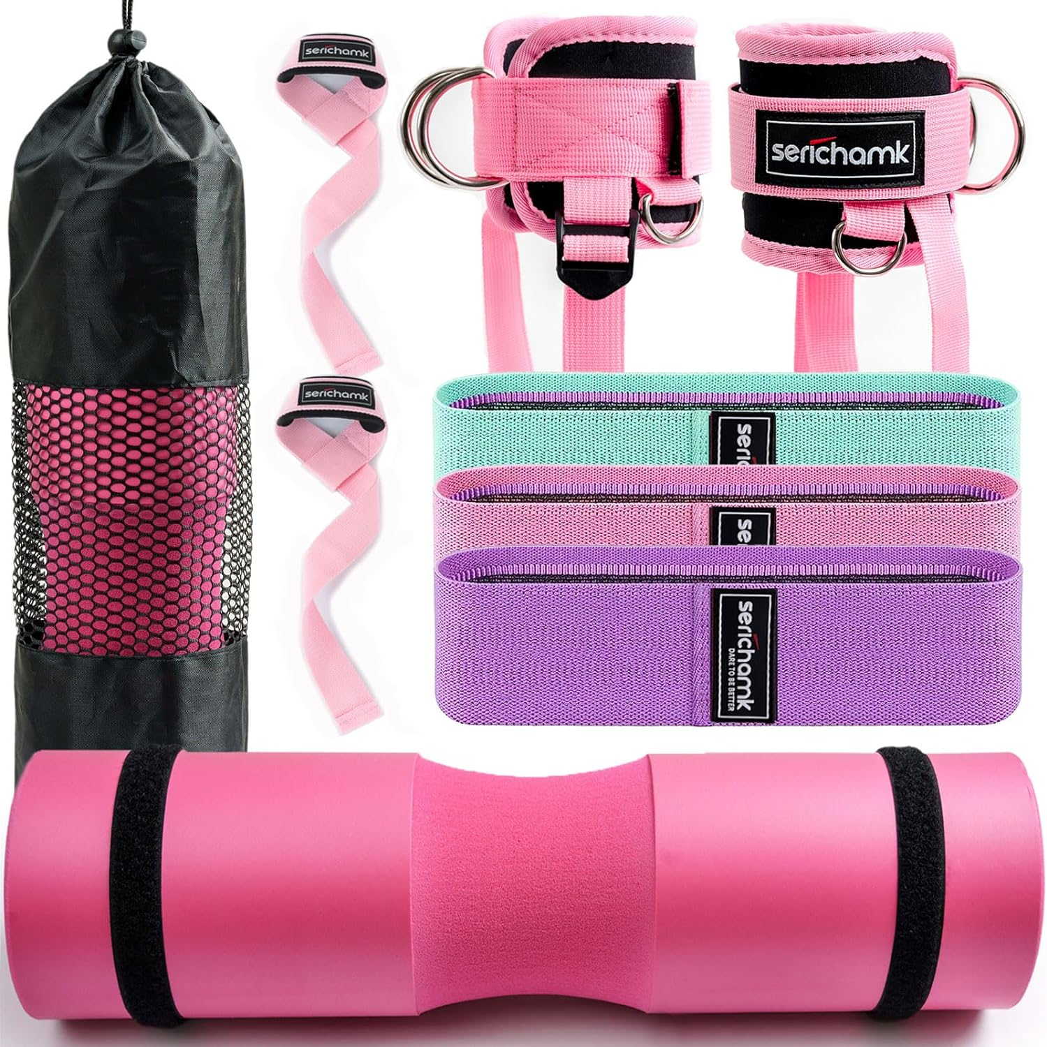 Barbell Pad for Hip Thrust Squat Bar Pad Foam Barbell Pad for Weight Bar Cushion with 2 Gym Ankle Straps 1 Booty Band and Carry Bag for Standard Olympic Bars