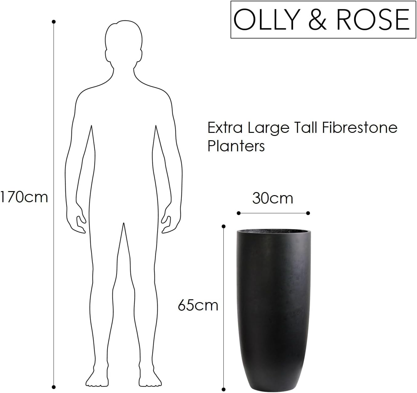 Olly & Rose Matt Black Tall Planter - Fibre Planter 65Cm Height 30Cm Diameter