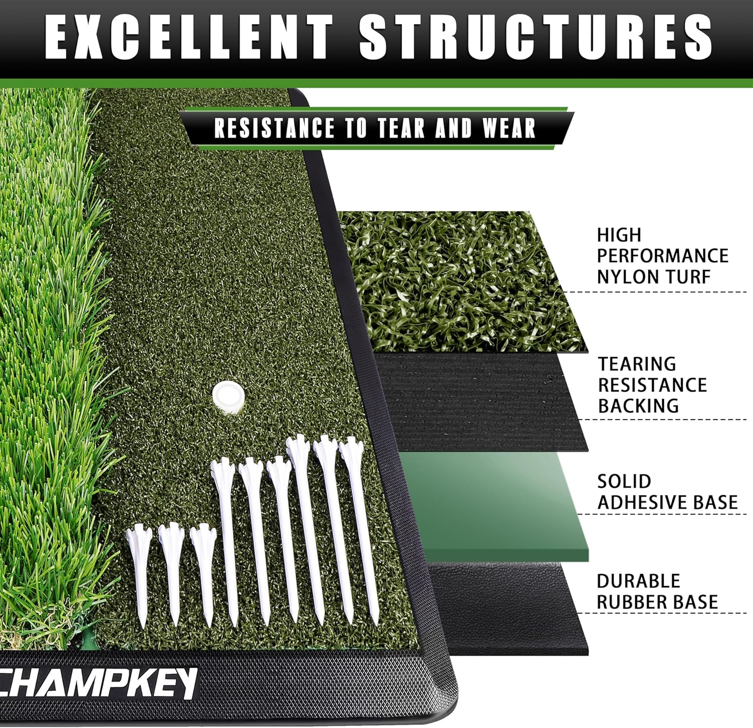 CHAMPKEY Dual-Turf Golf Hitting Mat | 9 Golf Tees & 1 Rubber Tee | Heavy Duty Rubber Backing Golf Practice Mat | Green Nylon Foldable Mat with 9 Holes image number 4