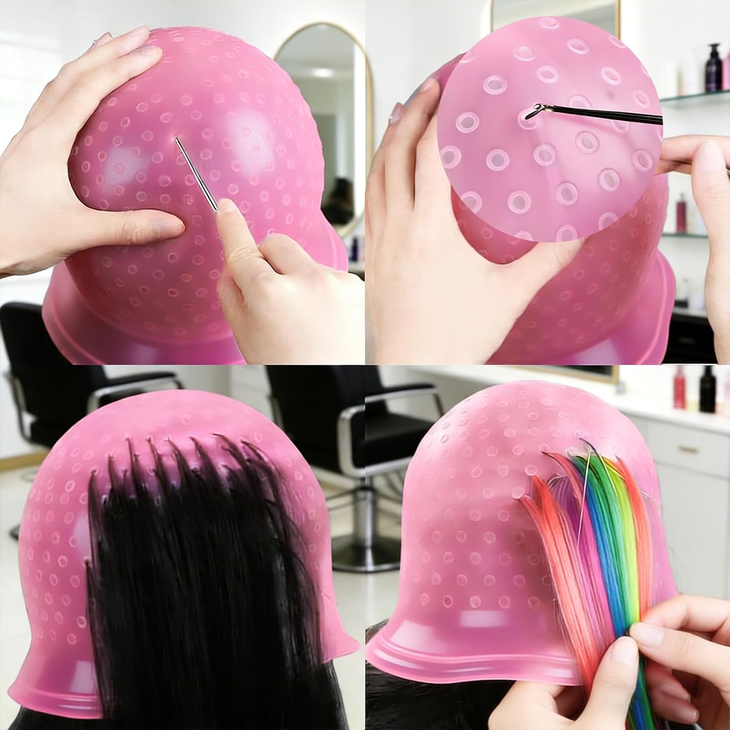 1Pcs Pink Silicone Highlight Cap​ with Steel Hook, Reusable Hair Dye Cap,​ Pre-Punched Holes, Boxed Highlights Cap​ for Salon Home Hair Coloring image number 3