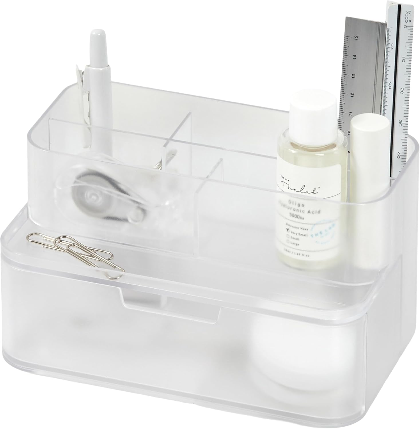 BLUE GINKGO Portable Desk Organizer &ndash; Compact 3 Compartment, Half-Drawer Storage &ndash; Pen Holder, Stationery Desktop Organizer for Office, Makeup, Crafts (Made in Korea, Blue)