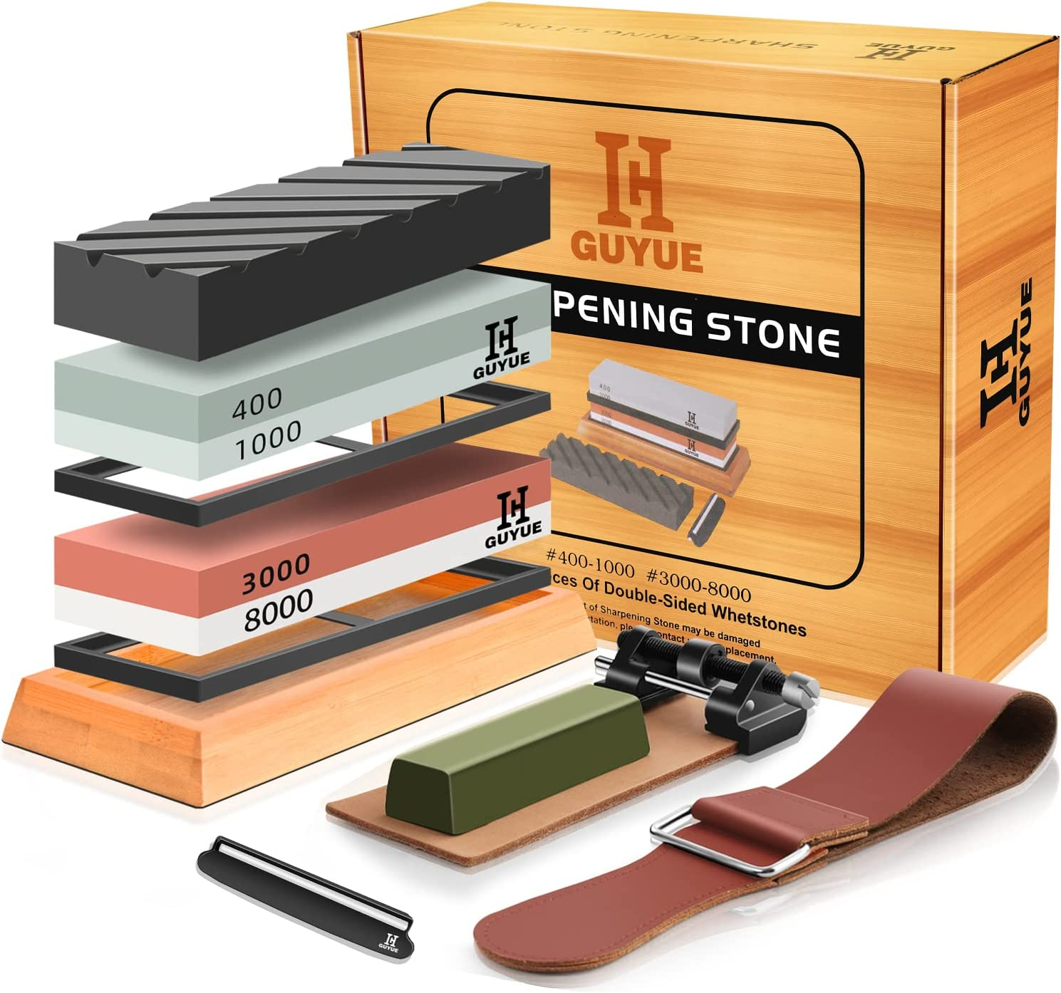 GUYUE Professional Knife Sharpening Stone Set,Professional Whetstone Sharpener,Premium 4 Side Grit 400/1000 3000/8000 Water Stone,Flattening Stone,Non-Slip Bamboo Base,Chisel Honing Guide. image number 1