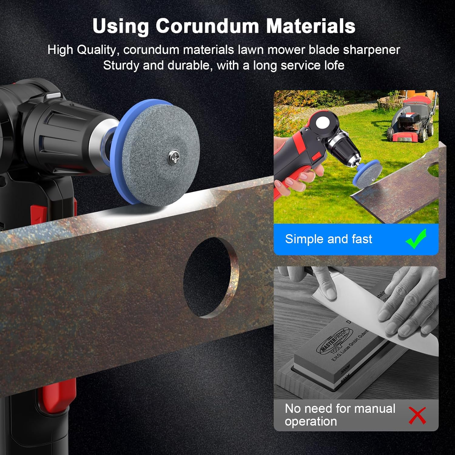 Lawnmower Dull Blade Sharpener, 3PCS Lawn Mower Blade Sharpener Tool for Any Power Hand Drill, Universal Blade Sharpeners for Lawn Mowers, Easy to Use and Not Easy Damage, Blue image number 2