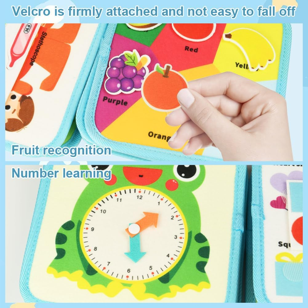 OSDUE Busy Board, Quiet Book Montessori Soft Felt Book Activity Board Motor Skills Toy for Early Education Gift Boy Girl Sensory Learning Toy for Travel Car Plane (Blue) image number 1