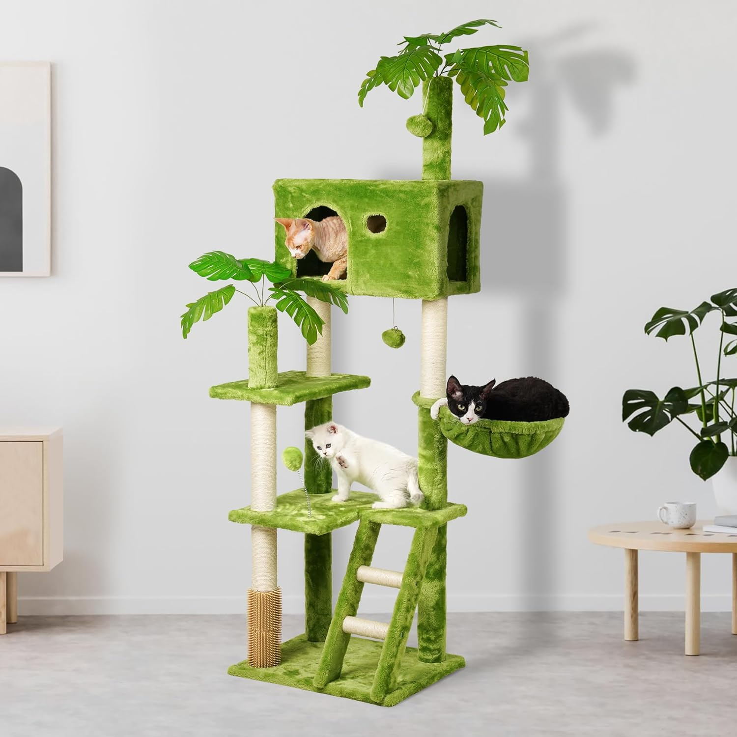 Meecal 65In Tall Cat Tree with Leaves for Indoor Cats, Green Cat Tower with Scratching Post,Hanging Hammock,Cozy Perch,Swing Ball,Self Groomer and Cat Ladder,Cat Tree Tower image number 1