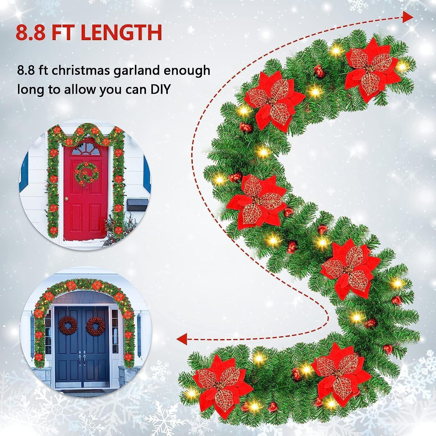 Christmas Garland, 2.7M Christmas Rattan Christmas Artificial Flower Vine for Home Stairs Fireplace Front Porch Door Display Indoor Outdoor Xmas Decor(Green,2.7M) image number 3